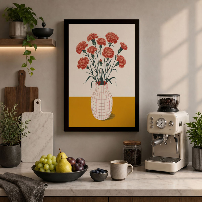 Potted Carnations Botanical - Wrapped Canvas, 24x16 - 61.0 x 40.6 cm, Teal Border