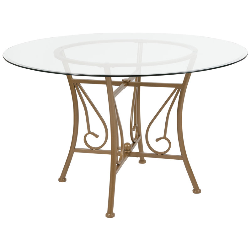 Corkey North 42'' Round Glass Dining Table with Curl Accent Matte Metal Frame, 29" H x 48" L x 48" W, Gold/Clear