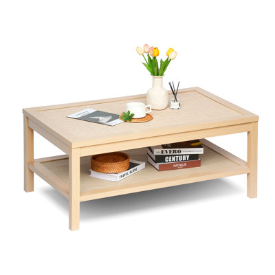 2-Tier Coffee Table For Living Room, Rectangle Wood Center Table With Rattan Storage Shelf, Boho Style