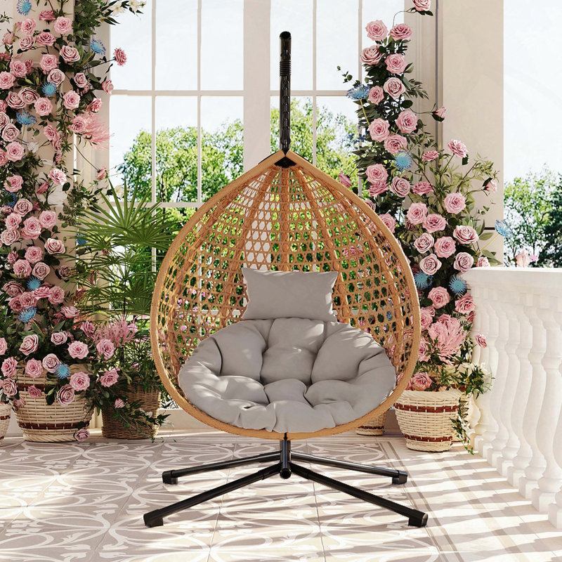 Foldable HDPE Rattan Hanging Egg Chair with Stand and Removable Cushion, Yellow, Brown