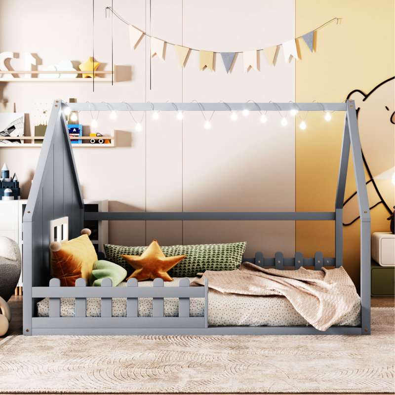 Gray Full Size Wood House Bed - Solid Pine & Structure, Fence Window, Led , No Box Spring For A Shining Bedroom In Construction With , Radiant