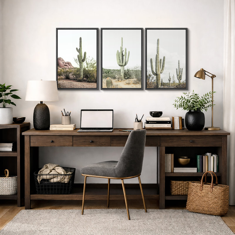 Cactus désert "Southwestern Green Saguaro, H 36 po x l 72 po, Cadre flottant noir