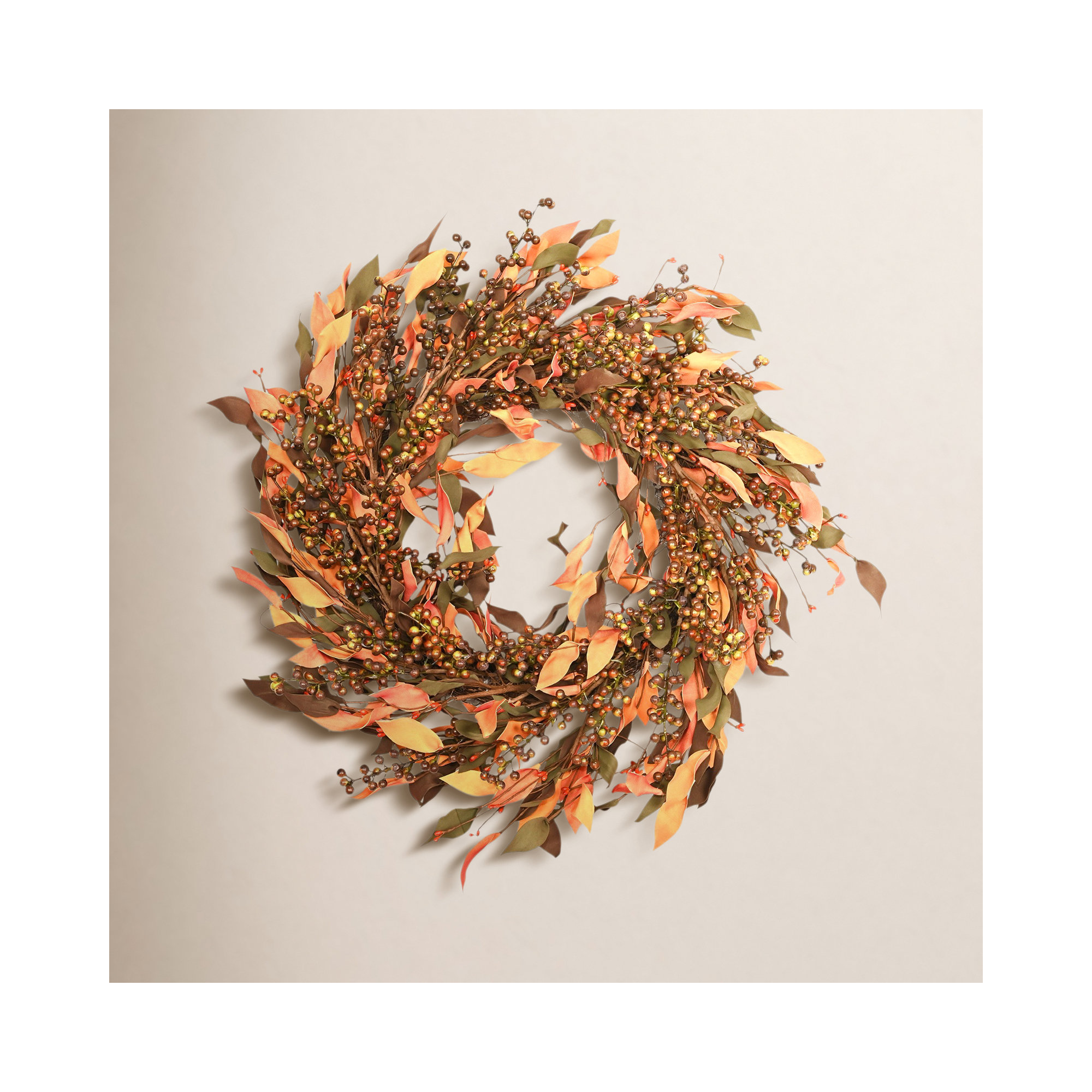 24" Artificial Farmhouse Fall Harvest Thanksgiving Day Foliage Leaves Blossom Cluster Berry Front Door Wreath, Brown