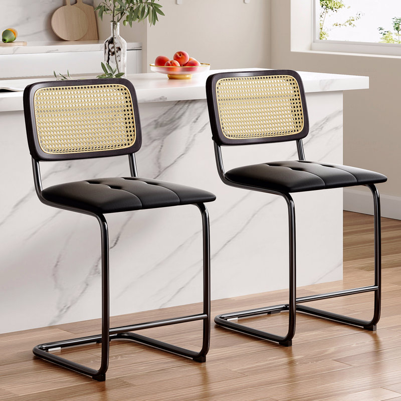 Ensemble de 2 tabourets de bar à hauteur de comptoir Farini, tabourets de bar rembourrés en tissu de polyuréthane avec dossier en rotin, tabourets de bar de 24 pouces pour îlot de cuisine