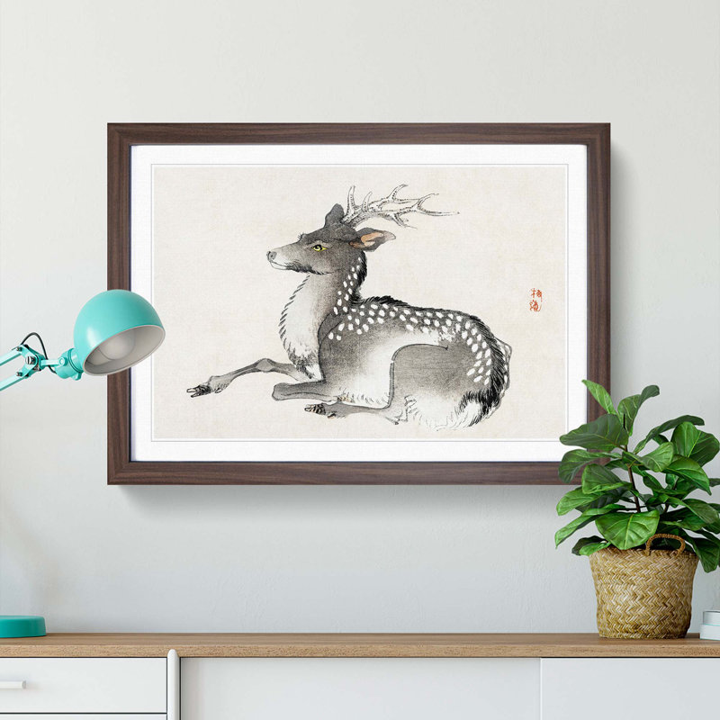 Elk by Kono Bairei - Picture Frame Painting Print, Walnut Framed, 48cm H x 65cm W x 2cm D