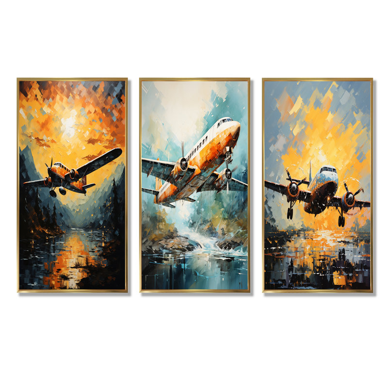 In Flight Plane Horizons - Ensemble de 3 impressions sur toile, Cadre flottant doré, H 40 po x l 60 po