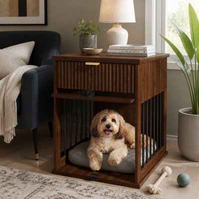 Table de bout pour chien avec station de charge, meuble pour chenil en bois avec porte en verre trempé dissimulé, table d'appoint multifonctionnelle pour animaux avec tiroir de rangement, maisonnette pour petit chien moyen