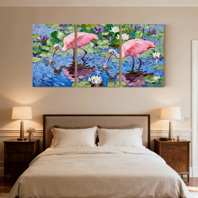 Oiseaux, flamants roses, nénuphars, reflets, étang, ensemble de 3 impressions sur toile, H 18 po x l 36 po