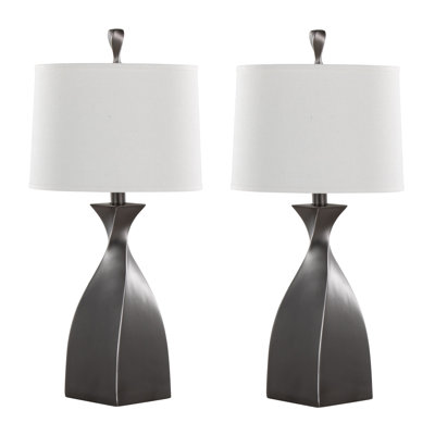 Curvo 30" Contemporary Table Lamps Set of 2, Grey Slate Polyresin with White Linen Shade - Modern Lighting for Living Room & Bedroom