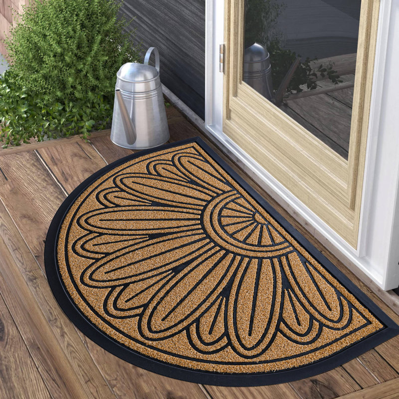 Tapis demi-rond pour porte d'entrée, tapis décoratif semi-circulaire antidérapant à motif floral, L 24 po x L 35 po, Kaki