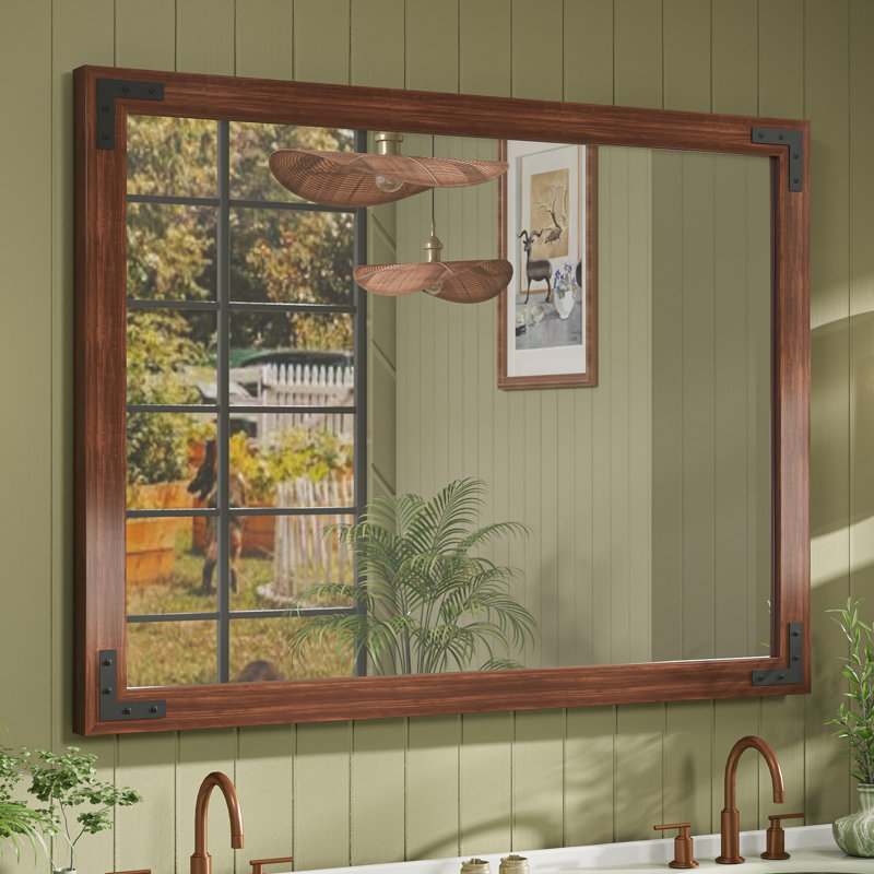 Gwenneth Rectangle Wood Mirror for Bathroom, Solid Pine Wood, 30" x 40", Brown