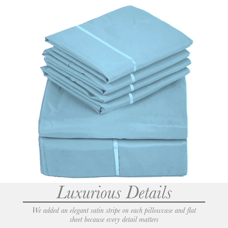 6 Piece Ultra Soft Double Brushed Microfiber Sheet Set, Cooling Sheets with Extra Deep Pockets - Machine Washable, Sky Blue