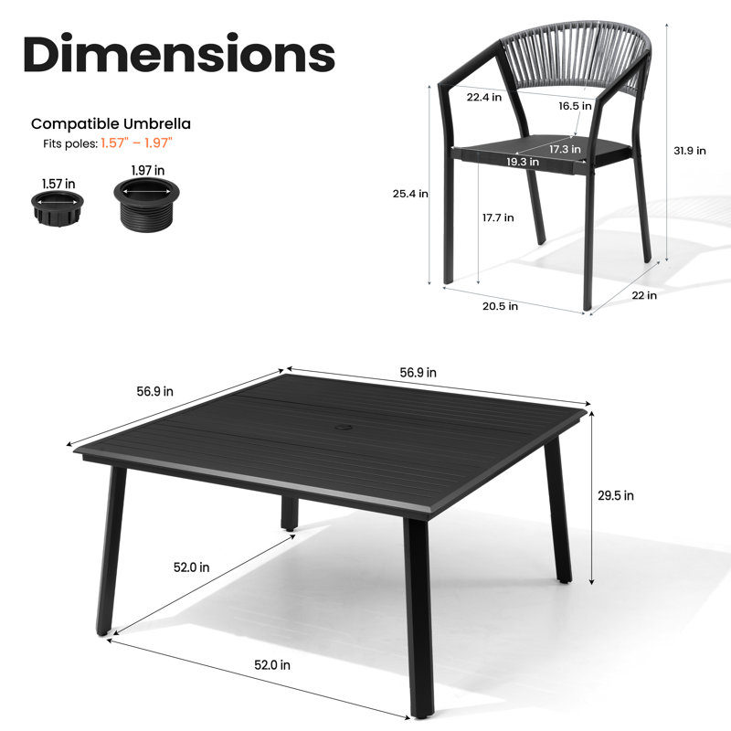 8 - Person Aluminum Outdoor Dining Set With 8-Pound Stacking Chairs And Umbrella Hole, 57'' In. W X 57'' In. D, Dark Gray