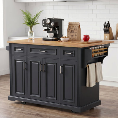 54 Inch Rubber Wood Kitchen Island with Drop Leaf, Embossed Texture Rolling Cart, 4 Wheels, 4 Doors & 3 Drawers Storage Cabinet for Kitchen Dining Room