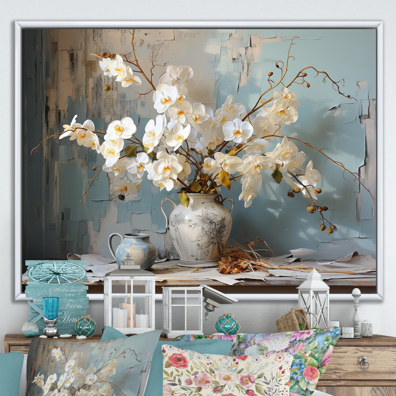«White Orchids Farmhouse Still Life» sur toile, Cadre flottant blanc, H 24 po x l 32 po x P 1 po