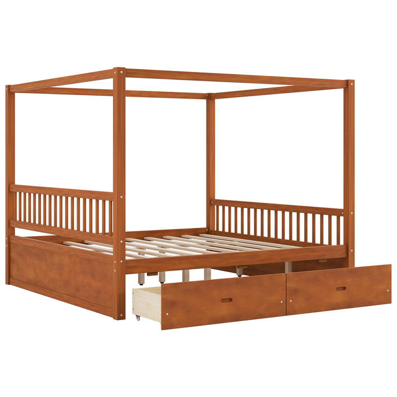 King size Wooden Canopy Bed with Storage Drawers, Walnut, King