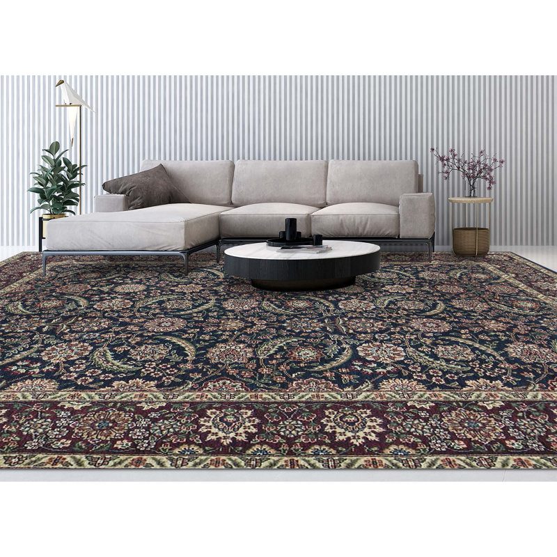 Tapis bleu marine et vin de haute qualité noué à la main