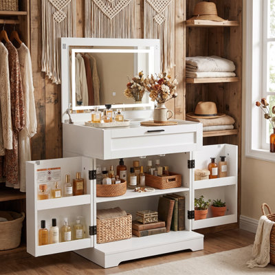 Meuble-lavabo de maquillage de ferme 3-en-1 à couvercle rabattable, petite commode blanche avec porte de grange coulissante, miroir lumineux caché à DEL, éclairage réglable à 3 couleurs à capteur tactile, table de maquillage multifonctionnelle