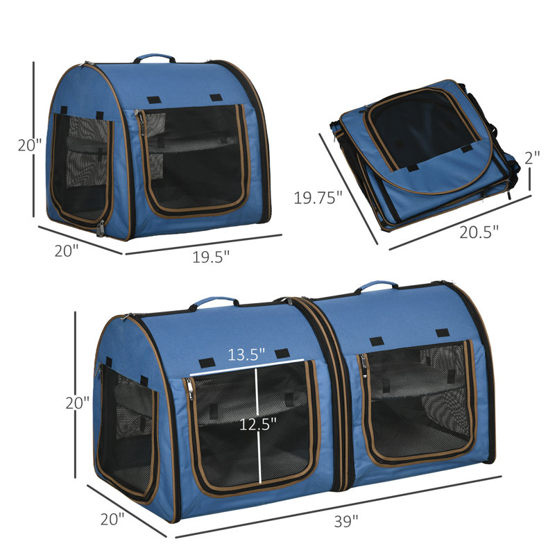 Sac de transport bleu 39 po. Matériau en tissu et en filet. Respirant. Coussin moelleux pour le confort. Pliable avec rangement. 2 portes à fermeture à glissière faciles d'accès. Fenêtres en filet à circulation d'air. Détachable en deux parties. Dimensions: