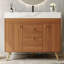 Meuble-lavabo autoportant contemporain de 91 cm (36 po) avec surface en pierre frittée, lavabo blanc et tiroirs astucieux – Compact pour les petites salles de bain. Plateau luxueux, étagères latérales en céramique brillante et tiroirs élégants.