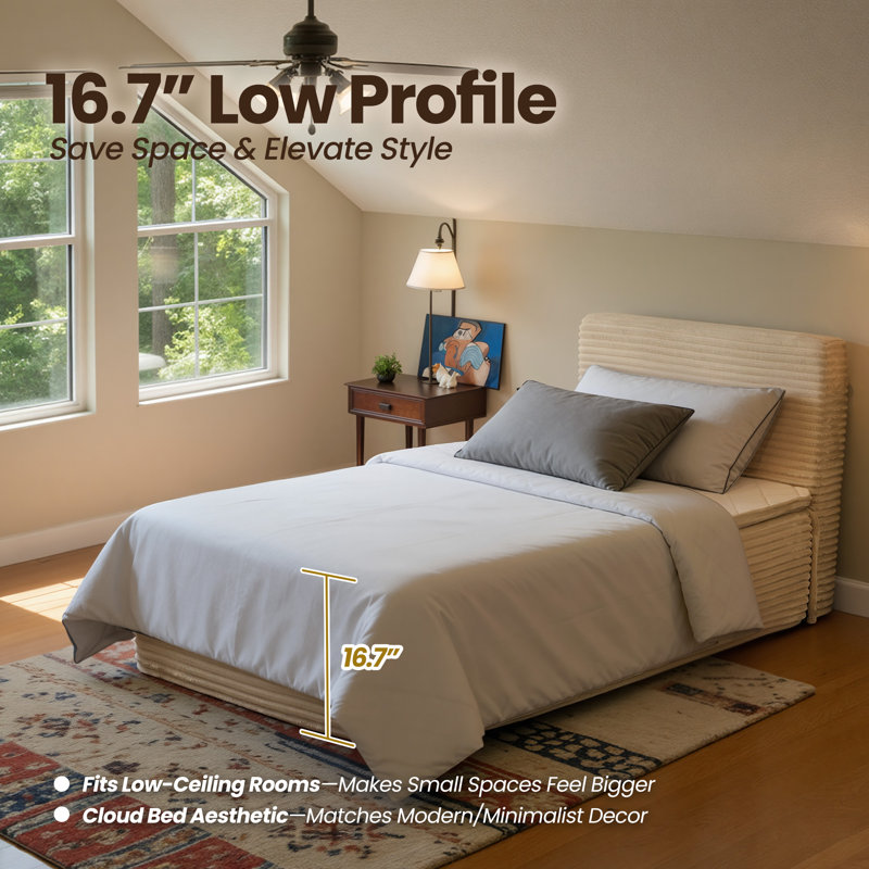 Lit plateforme tapissier tout-en-un rembourré avec matelas en mousse et lit de compression, Lit simple, Beige