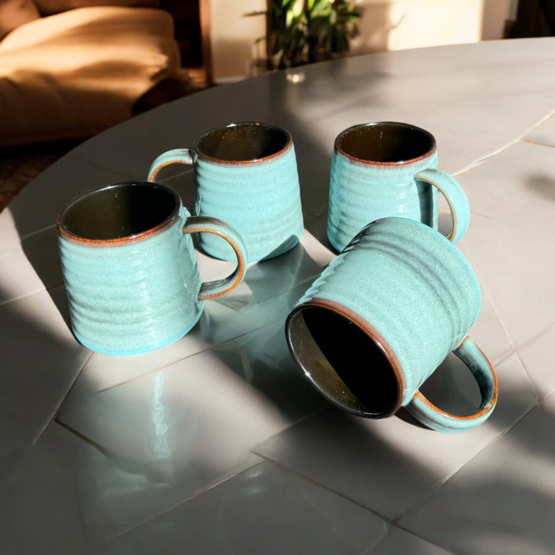 Teal Blue Gorlest Reactive Glaze Ceramic Craft Artisan Coffee Mug Set of 4