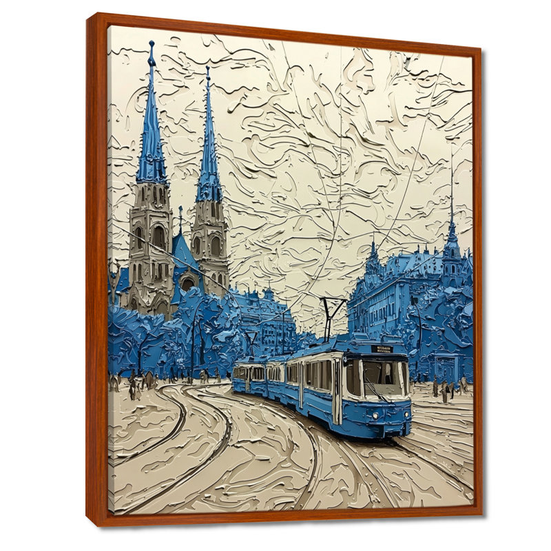 Trams in Vienna Cityscape - Art mural de Vienne, H 20 po x l 12 po, Floater Framed Print, Brun