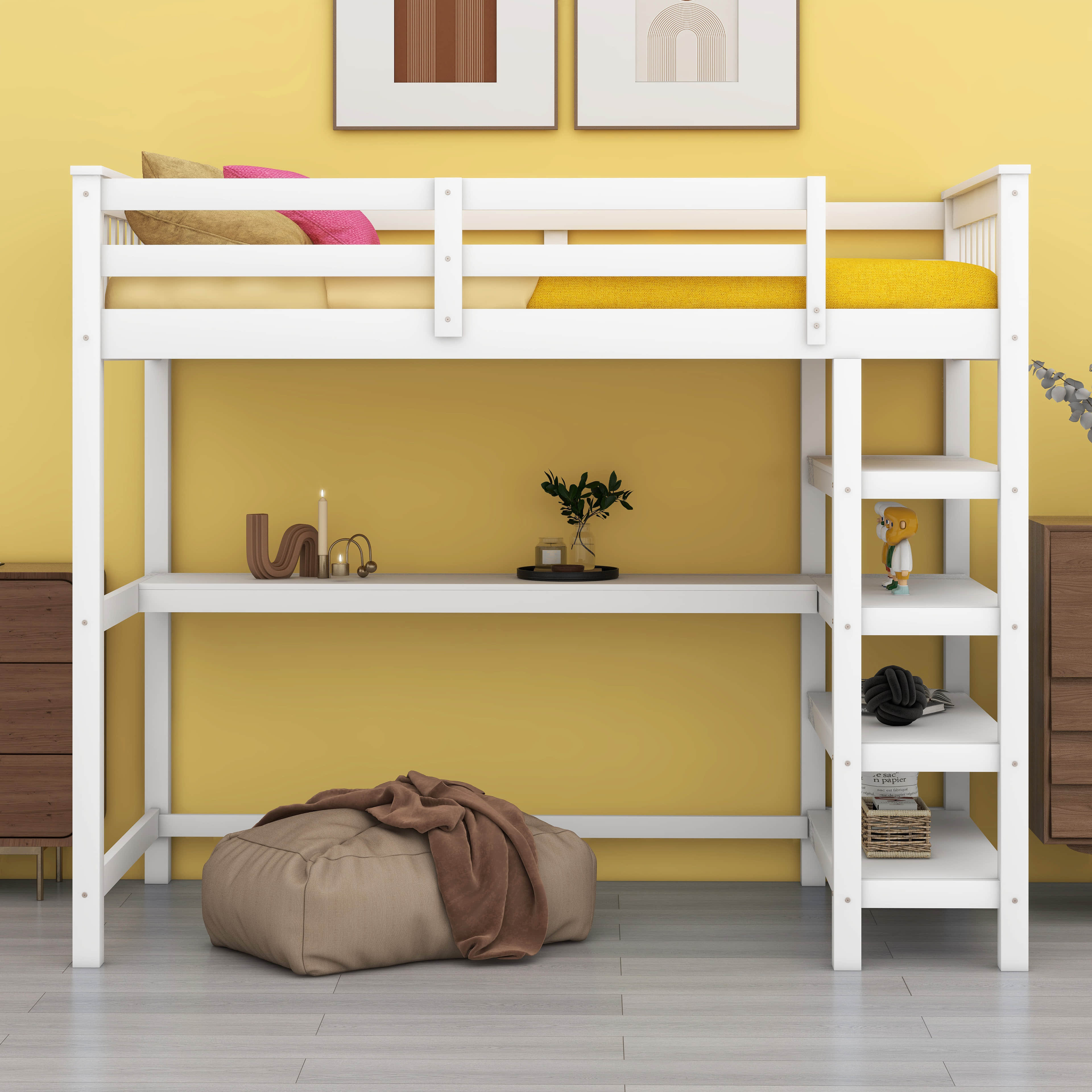 Harriet Bee Solid Wood Loft Bed With Desk And 4-Storage And Under-Bed