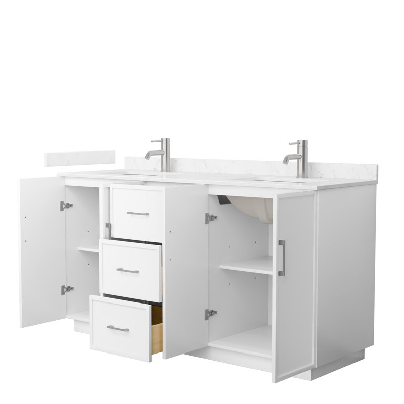 Elan TK 66" Freestanding Double Bathroom Vanity with Cultured Marble Top, Carrara Cultured Marble, White, Matte Black