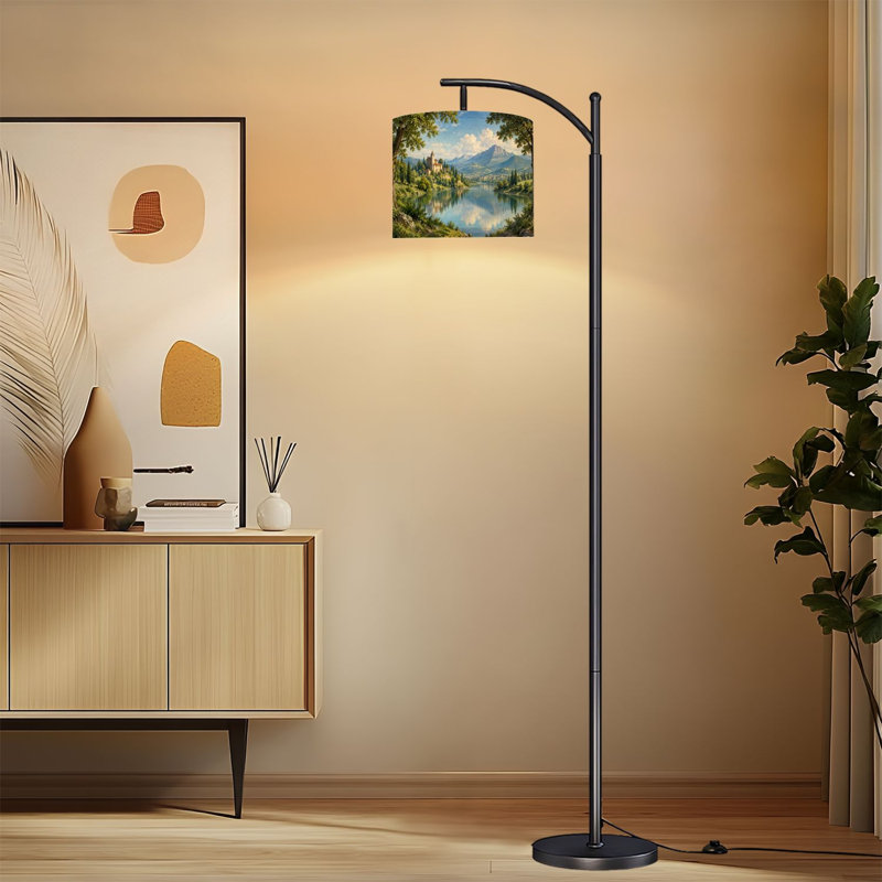 Lampe sur pied arquée avec abat-jour réglable, motif paysage de montagne serein et lac, 3 températures de couleur, intensité variable, lampe sur pied avec interrupteur au pied pour chambre à coucher