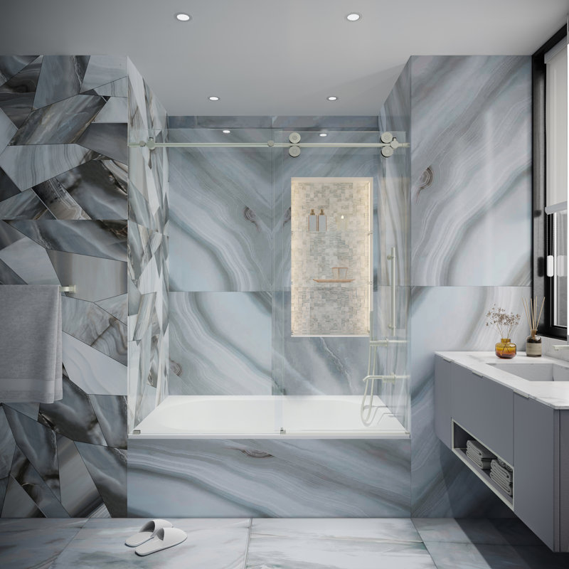  Cosmo 56 - Porte de baignoire coulissante sans cadre 60 x 62 po en verre trempé transparent 3/8 po, Acier inoxydable brossé