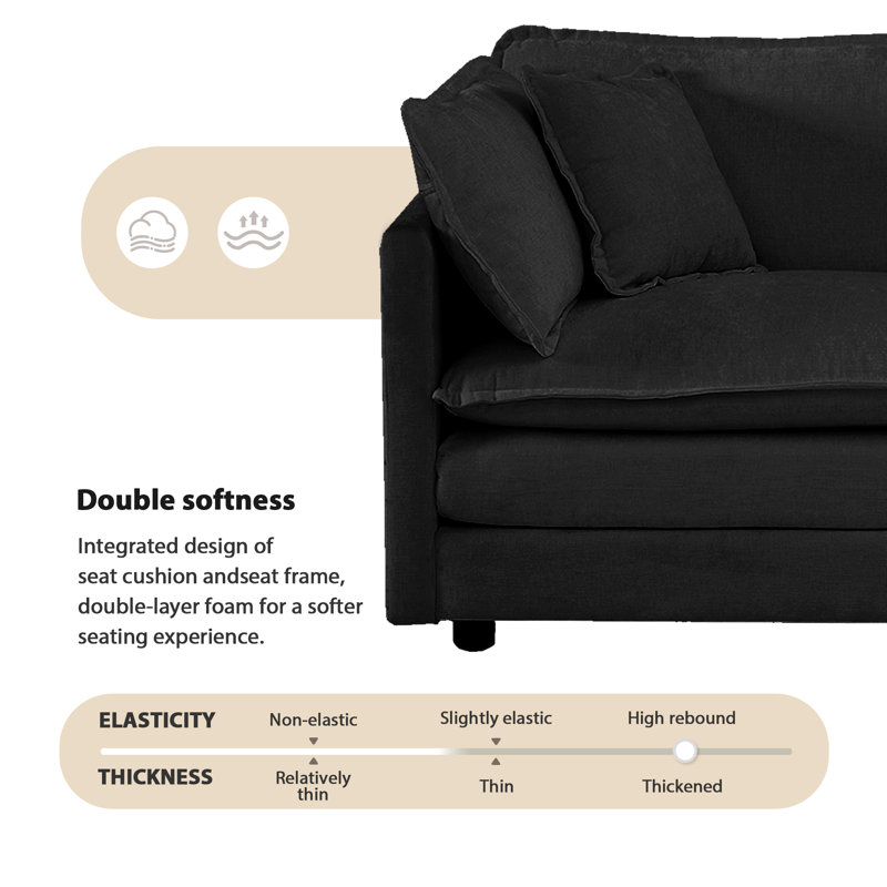 Ensemble de canapé-lit en tissu d'ameublement en chenille moderne, 2 causeuses et 1 canapé simple, Noir, noir, noir, noir