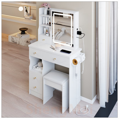 Table de coiffeuse compacte à tiroir gauche avec tabouret rembourré, centrale électrique, support pour sèche-cheveux et miroir à DEL réglable
