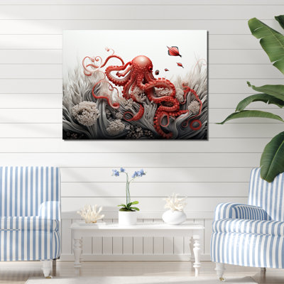 Impression sur toile monochrome corail et pieuvre grise I