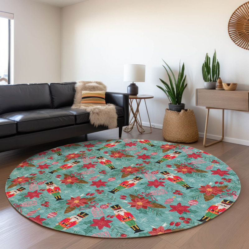 Machine Washable Indoor/Outdoor Christmas Nutcracker Xhevrie Teal Rug, Round 8'