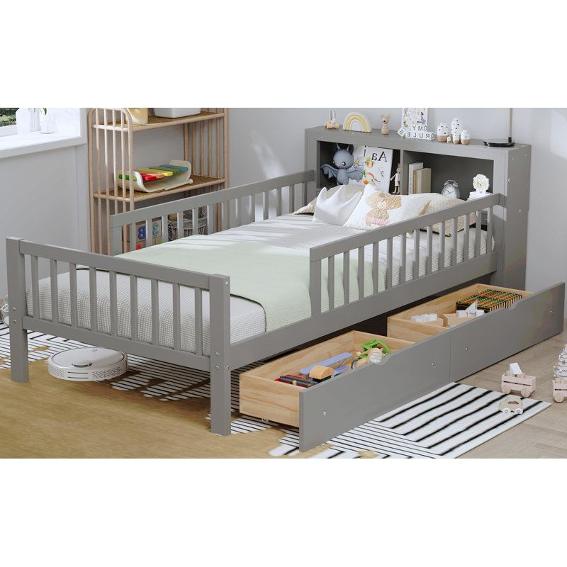 Lit simple avec support de tête de lit, deux tiroirs sous le lit, trois barrières de sécurité pour plus de sécurité, Grey