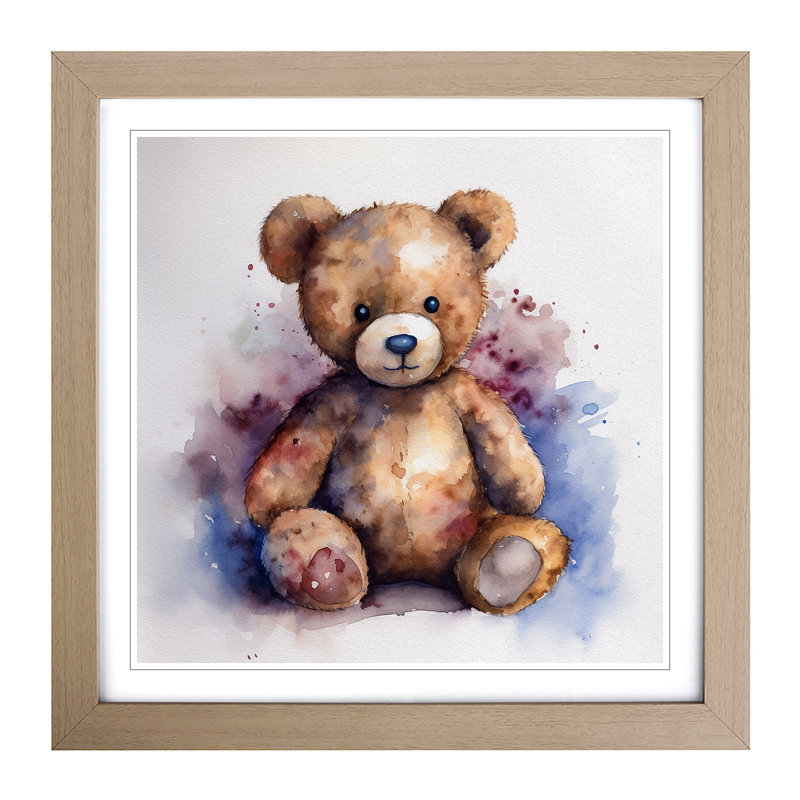 Teddy Bear Watercolour - Single Picture Frame Print on Wood, Oak