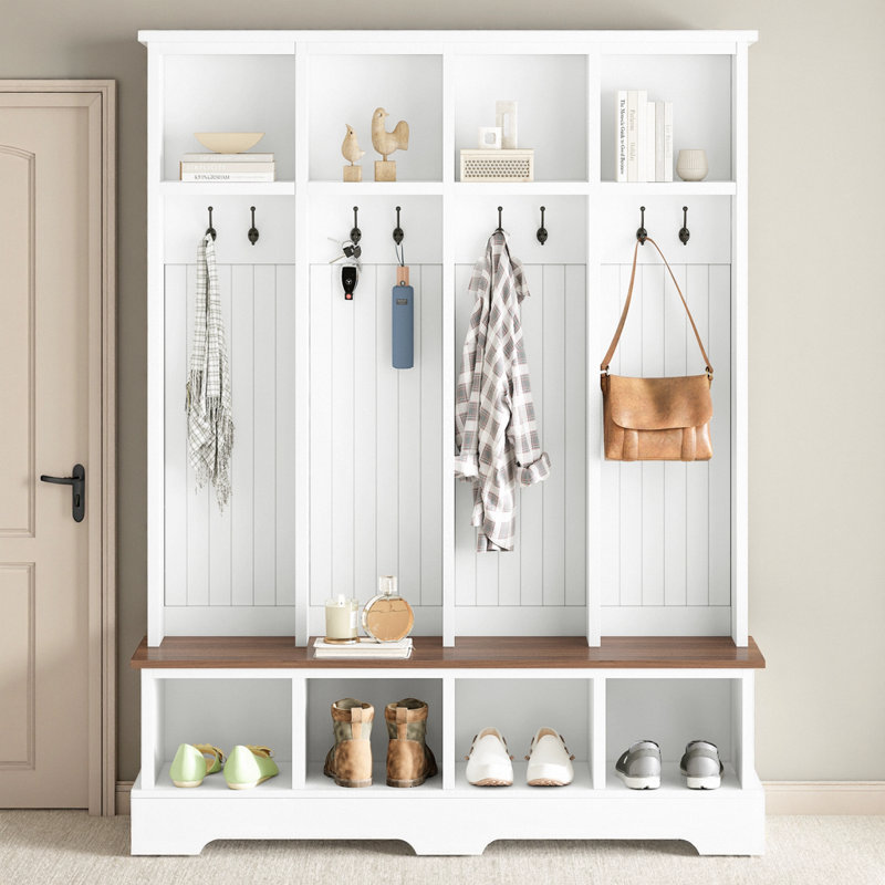Hall Tree 59.02" Wide With Bench And Storage, White