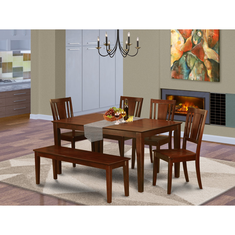 6 Piece Dining Room Furniture Set Contains a Rectangle Kitchen Table and 4 Dining Chairs with a Bench, 36x60 Inch, Mahogany