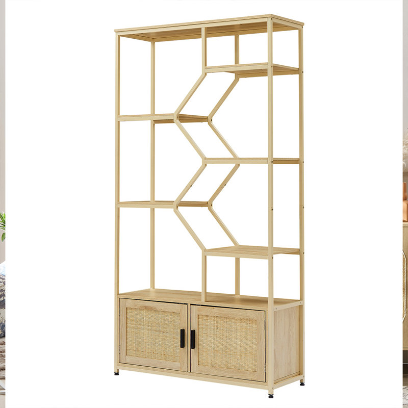 Rattan Bookshelf 7 Tier Storage Bookcase with Cabinet 75.6 Inch Height for Living Room Home Office