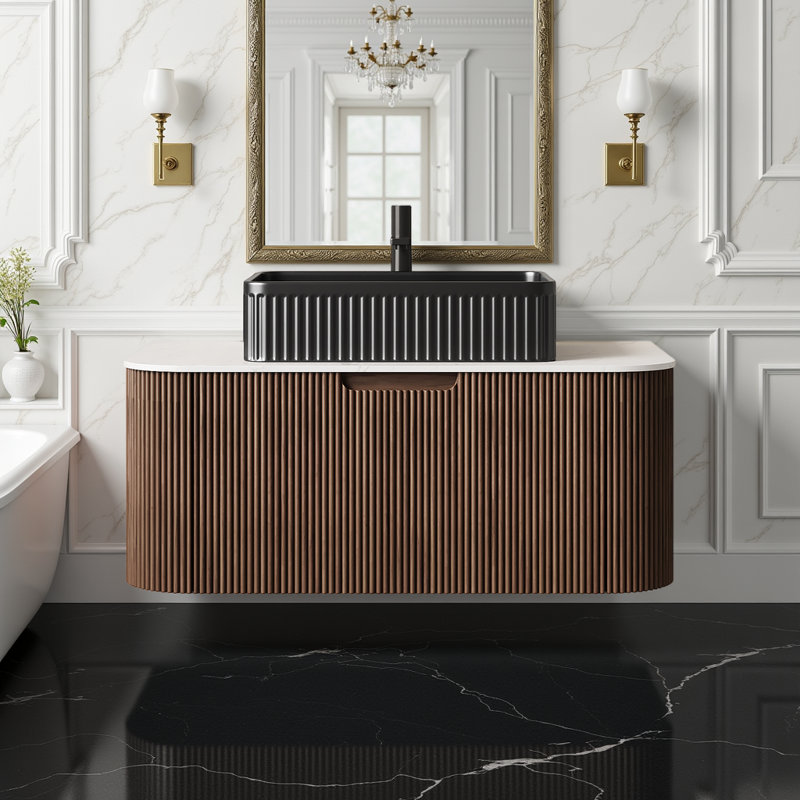 Meuble-lavabo flottant - Lavabo et armoire rectangulaires en céramique blanche (sans robinet inclus), Noir, Brun, 36"