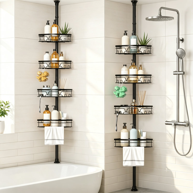 Black 4-Tier Telescopic Corner Shower Rack with Hooks