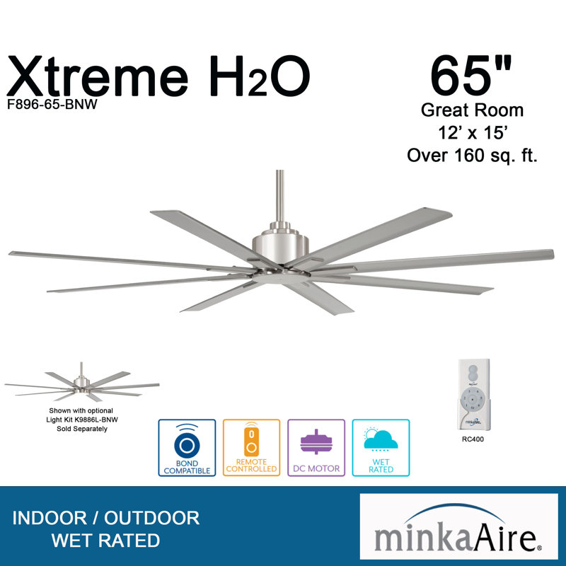 65" Brushed Nickel 8-Blade Outdoor Ceiling Fan with Remote