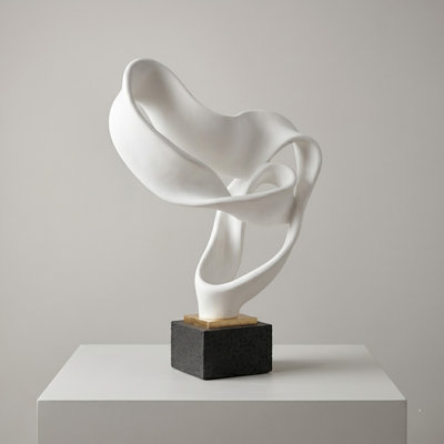 Contemporary Abstract Fluid Ribbon Sculpture | Modern Matte White Statue on Black Pedestal Base