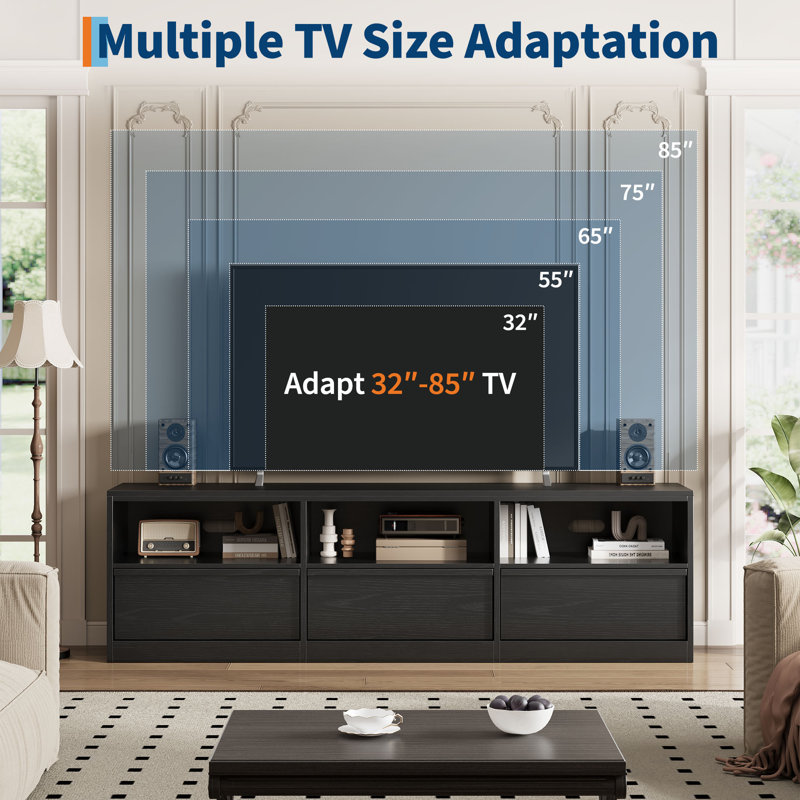 Mid Century Modern TV Stand for 65 70 75 Inch TVs, Industrial Entertainment Center with 3 Drawers & Open Shelves, Sturdy MDF for Living Room & Bedroom