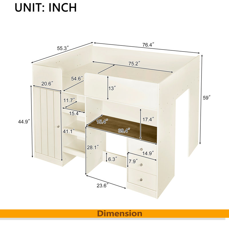 Lit mezzanine double en bois avec garde-robe intégrée, bureau, tablettes de rangement et tiroirs