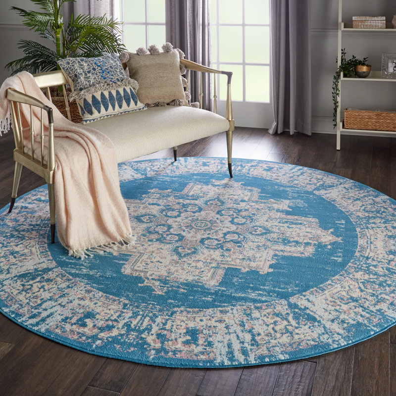 Burnie Oriental Blue/Ivory Area Rug, Round 8'