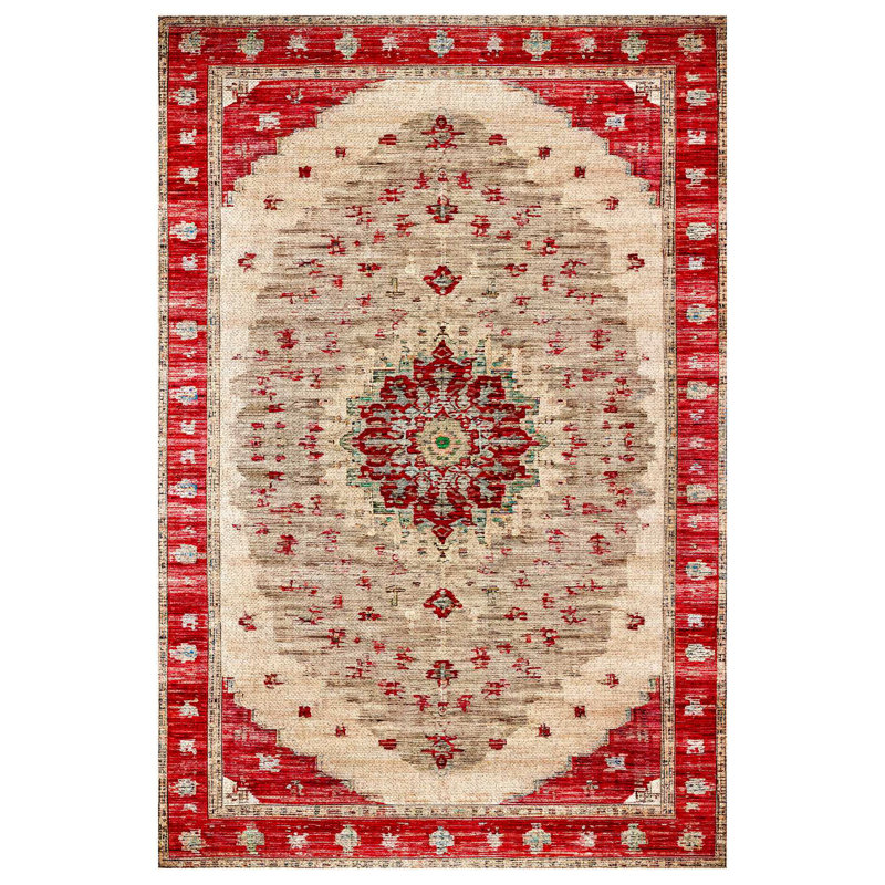 Notto Burgundy Beige Oriental Machine Printed Cotton Polyester Area Rug, Rectangle 4' x 5'