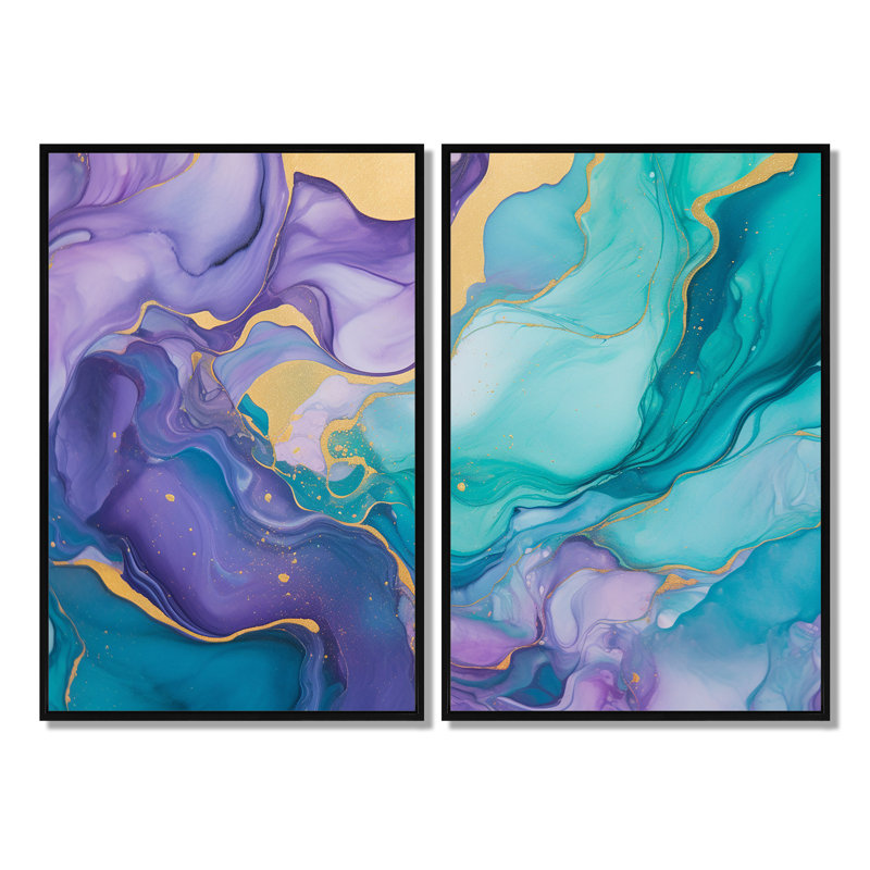 Turquoise et mauve liquide Art II - grandes fractales, art mural, Impression encadrée flottante, Noir, H 36 po x l 48 po