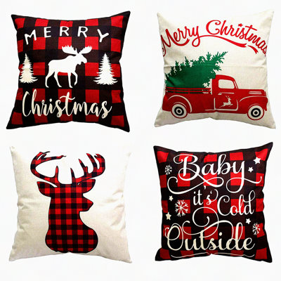 Winter Deer Decor Pillow Cover Set - 4 Pack Cotton Throw Cushion Covers - Home Decorations - Holiday Season Accent Pieces